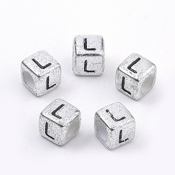 Plated Acrylic Beads, Horizontal Hole, Cube with Letter, Antique Silver, Letter.L, 6mm, Hole: 3mm