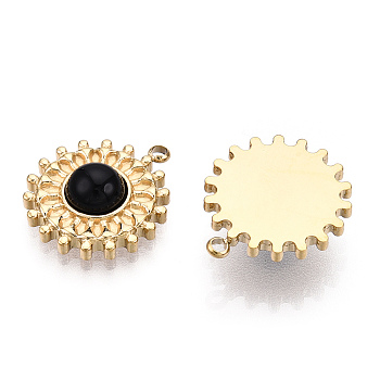 Natural Black Onyx(Dyed & Heated) Pendants, 304 Stainless Steel Gear Charms, Real 14K Gold Plated, 17.5x15x5mm, Hole: 1.5mm