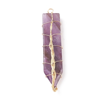 Natural Amethyst Big Pendants, with Light Gold Tone Copper Wire Wrapped, Sword, 61~63x13.5~15x7.5~8mm, Hole: 3.5mm