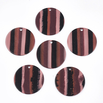 Resin Pendants, Flat Round, Stripe Pattern, Indian Red, 30x1.5~2mm, Hole: 2mm