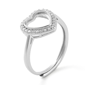 Heart Adjustable 925 Sterling Silver Ring Components, with Cubic Zirconia, Open Bezel Setting, Real Platinum Plated, US Size 7 1/4(17.5mm)
