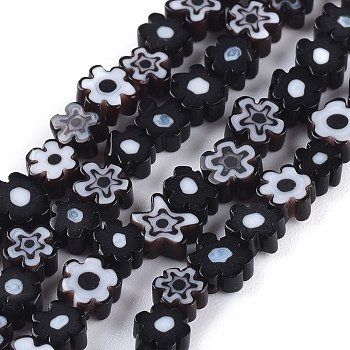 Handmade Millefiori Glass Bead Strands, Flower, Black, 4~7.2x2.6mm, Hole: 1mm, about 60~69pcs/Strand, 16 inch(40cm)