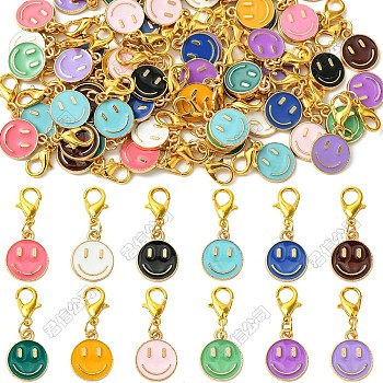 Alloy Enamel Pendant Decorations, with Zinc Alloy Lobster Claw Clasps, Flat Round with Smile Face, Mixed Color, 27mm, 36pcs/set