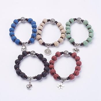 Dyed Natural Lava Rock Beads Stretch Bracelets, with Coconut Shell and Alloy Findings, Mixed Shapes, Antique Silver, Mixed Color, 53mm