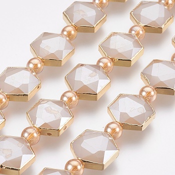 Electroplate Glass Beads Strands, Faceted, with Golden Tone Brass Edge, Full Plated, Hexagon & Round, Rosy Brown, 15x14~15x7~8mm, Hole: 1mm, about 10pcs/strand, 7.8 inch(20cm)