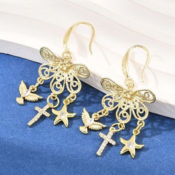 Cross with Bird & Starfish Brass Clear Cubic Zirconia Dangle Earrings, Rack Plating, Long-Lasting Plated, Lead Free & Cadmium Free, Golden, 49.5x22mm