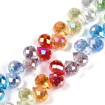 Electroplate Glass Beads Strands, Faceted, Teardrop, Colorful, 10x8mm, Hole: 0.8mm, about 64pcs/strand, 15.35''(39cm)