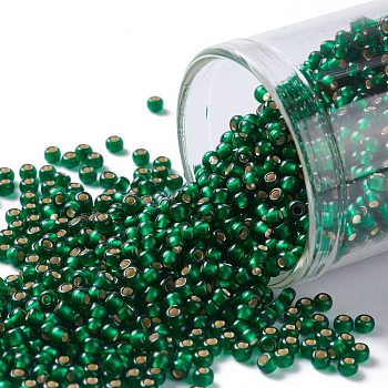 TOHO Round Seed Beads, Japanese Seed Beads, (36F) Matte Silver Lined Emerald Green, 11/0, 2.2mm, Hole: 0.8mm, about 1110pcs/bottle, 10g/bottle