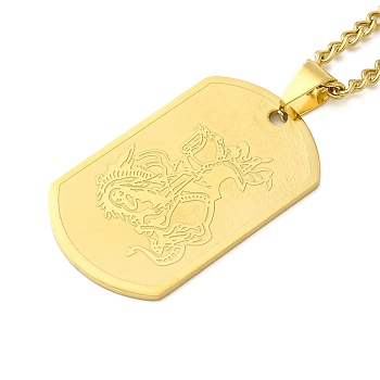 304 Stainless Steel Curb Chain Rectangle with Dragon Pendant Necklaces for Women, Real 18K Gold Plated, 22.83 inch(58cm)