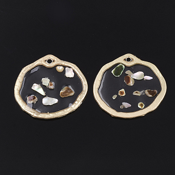 Epoxy Resin Pendants, with Shell and Alloy Findings, Flat Round, Colorful, Matte Gold Color, 21.5x23x1mm, Hole: 1.5mm