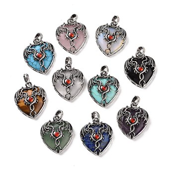 Natural & Synthetic Mixed Gemstone Pendants, Heart Charms, with Rack Plating Antique Silver Tone Hyacinth Rhinestone Dragon Wing Findings, Mixed Dyed and Undyed, 36.5~37.5x32~32.5x9.5~10.5mm, Hole: 8.5x5.5mm