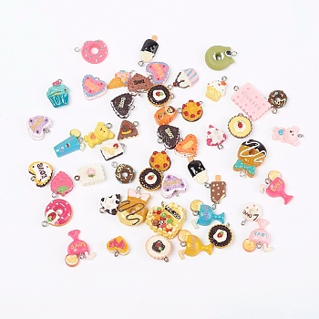 Resin Pendants, with Platinum Plated Iron Findings, Imitation Food, Mixed Shapes, Mixed Color, 16~27.5x12.5~27x4.5~12mm, Hole: 1.5mm