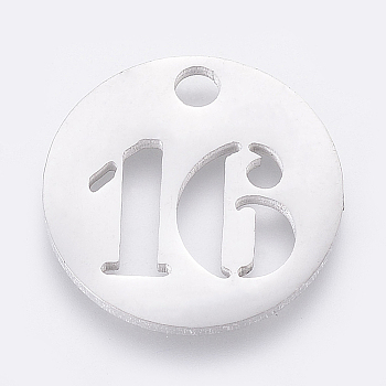 304 Stainless Steel Pendants, Cut-Out, Hollow, Flat Round with Number, Stainless Steel Color, Num.16, 19x1.5mm, Hole: 2.5mm