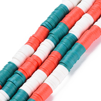 Fixed 3 Color Handmade Polymer Clay Bead Strands, Heishi Beads, Disc/Flat Round, Orange Red & Teal & White, 6x0.3~1.5mm, Hole: 1.6~1.8mm, about 265~354pcs/strand, 12.76 inch~15.67 inch(32.4cm~39.8cm)