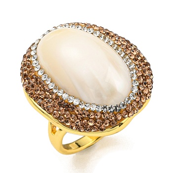 Natural Shell Oval Open Cuff Ring with Rhinestone, Brass Ring for Women, Golden, US Size 9(18.9mm)
