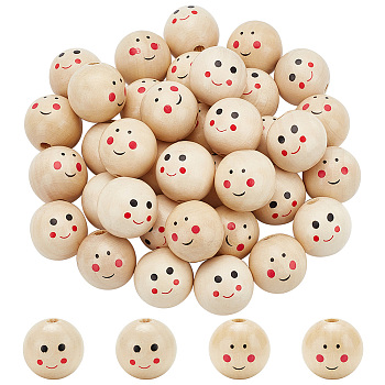 Elite 2 Bags 2 Styles Wood European Beads, Large Hole Beads, Round with Smiling Face, Wheat, 24mm, Hole: 5mm, 20pcs/bag, 1 bag/style