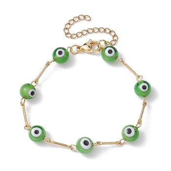 Lampwork Evil Eye Link Chain Bracelets, with Golden Brass Bar Link Chains, Lime Green, 7 inch(17.8cm)