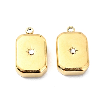 304 Stainless Steel Pendants,  with Rhinestone, Rectangle Charm, Real 14K Gold Plated, 15x9x4.5mm, Hole: 1.2mm