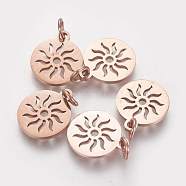 304 Stainless Steel Pendants, Flat Round with Sun, Rose Gold, 14x12x1.1mm, Hole: 3mm(X-STAS-Q201-T449R)