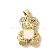 Rack Plating Brass Micro Pave Clear Cubic Zirconia Pendants, Heart Bear Charms with Synthetic Opal, Real 18K Gold Plated, Cadmium Free & Lead Free, Long-Lasting Plated, White, 22.5x14.5x6.5mm, Hole: 3.5x3mm(KK-P268-05B-G01)