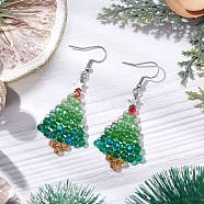 304 Stainless Steel Dangle Earrings, with Glass & Brass Pendants, Christmas Tree with Star, Stainless Steel Color, Mixed Color, 61.5x25.5mm(EJEW-JE06207)