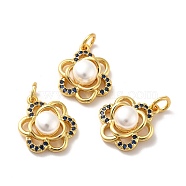 Rack Plating Brass Micro Pave Cubic Zirconia Pendants, with Pearl Beads and Jump Rings, Flower, Golden, 16x13x6mm, Hole: 3mm(KK-I688-16G)