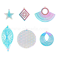 PVD Vacuum Plating 201 Stainless Steel Filigree Pendants, Spiritual Charms, Etched Metal Embellishments, Star, Rhombus, Leaf, Fan, Flower of Life, Rainbow Color, 36pcs/box(STAS-UN0012-49)