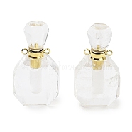 Natural Quartz Crystal Perfume Bottle Pendants, Rock Crystal Faceted Bottle Charms with Golden Tone 304 Stainless Steel Findings, Cadmium Free & Lead Free, 36~37x20~20.5x13.5~15mm, Hole: 1.8mm(G-Q163-10G-04)