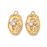 Brass Micro Pave Clear Cubic Zirconia Pendants, Oval with Flower Charms, Real 18K Gold Plated, 15x8.5x3mm, Hole: 1mm(KK-L221-005G)