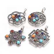 Natural & Synthetic Gemstone Pendants, with Alloy Findings, Mixed Shapes, Chakra, Antique Silver, 36~38x30~32.5x5mm, Hole: 5x8mm(KK-F756-05)