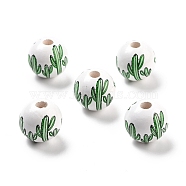 Spray Painted European Schima Wood Beads, Large Hole Beads, Round, Dark Sea Green, Cactus Pattern, 16mm, Hole: 4.3mm(WOOD-M004-09)