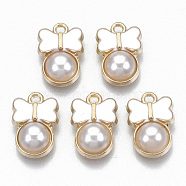 Alloy Enamel Charms, with ABS Plastic Imitation Pearl, Bowknot, Light Gold, White, 15x10x4mm, Hole: 1.2mm(ENAM-S121-058)