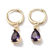 Real 18K Gold Plated Brass Dangle Hoop Earrings, with Glass, Teardrop, Purple, 26x6mm(EJEW-L269-045G-02)