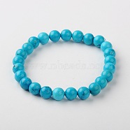 Natural Howlite Beads Bracelets, Dyed & Heated, with Elastic Fibre Wire, Deep Sky Blue, 58mm(BJEW-JB01273)