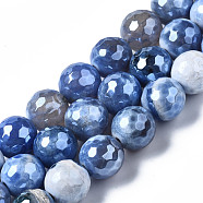 Natural Agate Beads Strands, Pearl Luster Plated, Faceted, Round, Medium Slate Blue, 12mm, Hole: 1.6mm, about 32~34pcs/strand, 13.94~16.06 inch(35.4~40.8cm)(G-Q998-013B)