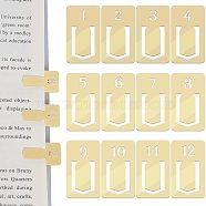 1 Set Brass Bookmarks, Arrow Paper Clips, Hollow-out, Rectangle with Number 1~12, Golden, 31x17x0.4mm, 12pcs/set(OFST-CP0001-03)