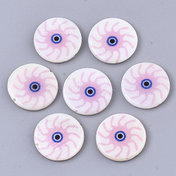 Natural Freshwater Shell Beads, Double-side Printed, Flat Round with Evil Eye, Pink, 18x3mm, Hole: 1mm(SHEL-R023-04E)