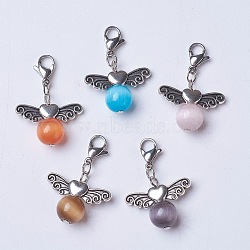 Cat Eye Pendants, with 304 Stainless Steel Lobster Claw Clasps and Alloy Beads, Round with Wing, Antique Silver & Stainless Steel Color, Mixed Color, 33mm(HJEW-JM00353-M)