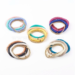 Stretch Beaded Bracelets Sets, with Handmade Polymer Clay Heishi Beads and Brass Round Beads, Golden, Mixed Color, Inner Diameter: 2-1/8 inch(5.3cm), 2-1/8 inch(5.4cm), 4pcs/set(BJEW-JB06177)