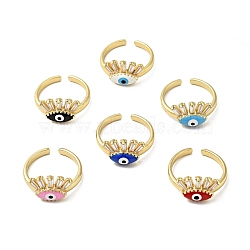 Enamel Horse Eye Open Cuff Ring with Clear Cubic Zirconia, Gold Plated Brass Jewelry for Wome, Lead Free & Cadmium Free, Mixed Color, US Size 6 1/2(16.9mm)(RJEW-A008-01G)