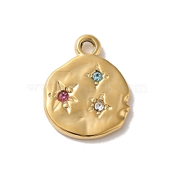 304 Stainless Steel Pendants, with Colorful Rhinestone, Flat Round with Star Charm, Real 14K Gold Plated, 18.5x15x2mm, Hole: 2mm(STAS-L022-241G)