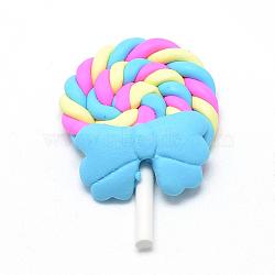 Handmade Polymer Clay Beads, No Hole, Lollipop with Bowknot, Deep Sky Blue, 39~48x27~30x7~9mm(CLAY-Q240-011J)