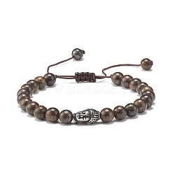 Round Natural Bronzite Braided Bead Bracelet with Buddha Head, Gemstone Yoga Jewelry for Women, Antique Silver, Inner Diameter: 1-3/4~3-3/8 inch(4.6~8.7cm)(BJEW-JB07640-05)
