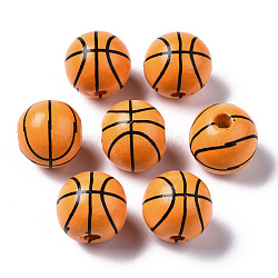 Painted Natural Wood European Beads, Large Hole Beads, Printed, Basketball, Orange, 16x15mm, Hole: 4mm(WOOD-S057-051)