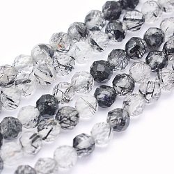 Natural Black Rutilated Quartz Beads Strands, Round, Faceted, 4mm, Hole: 0.5mm, about 93pcs/strand, 15.5 inch(39.5cm)(G-O166-23-4mm)