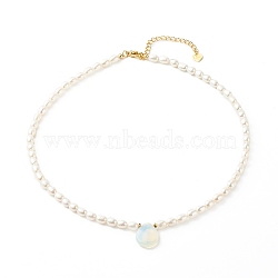 Pearl Beaded Necklace, with Synthetic Opalite Beads, Brass Finding, Teardrop, 39.7x0.4cm(NJEW-JN03548-03)