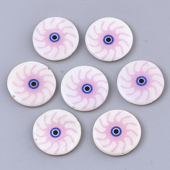 Natural Freshwater Shell Beads, Double-side Printed, Flat Round with Evil Eye, Pink, 18x3mm, Hole: 1mm