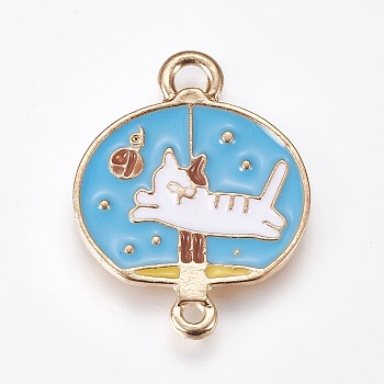 Alloy Enamel Links connectors, Wind Chime with Cat Shape, Golden, Light Sky Blue, 24.5x19x2mm, Hole: 1.6mm and 2.5mm