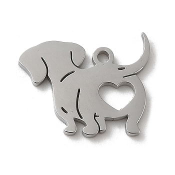 Non-Tarnish 304 Stainless Steel Pendants, Laser Cut, Dog with Heart Charm, Stainless Steel Color, 13.5x17x1.5mm, Hole: 1.4mm