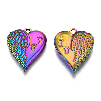 201 Stainless Steel Pendants, Heart Charm with Footprint, Rainbow Color, 28x21.5x3mm, Hole: 2mm